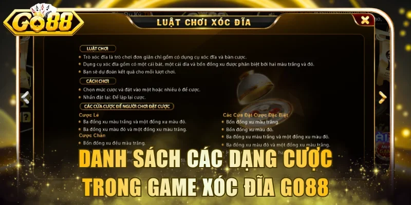 Danh sách các dạng cược trong game Xóc Đĩa Go88